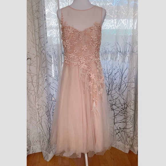 RICKIE FREEMAN TERI JON pink beading sequins feather flower tulle maxi dress - Picture 6 of 13